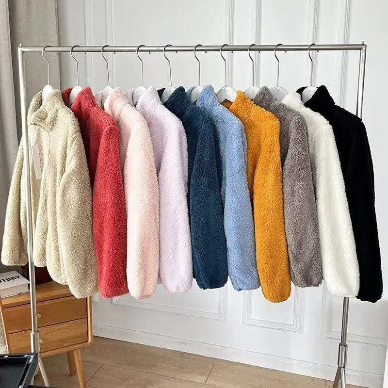 2026 Fashion Double-faced Polar Fleece Jacket Women's Short Coat Autumn Winter Zip-up Stand-up Collar Warm Tops Casual Outerwear