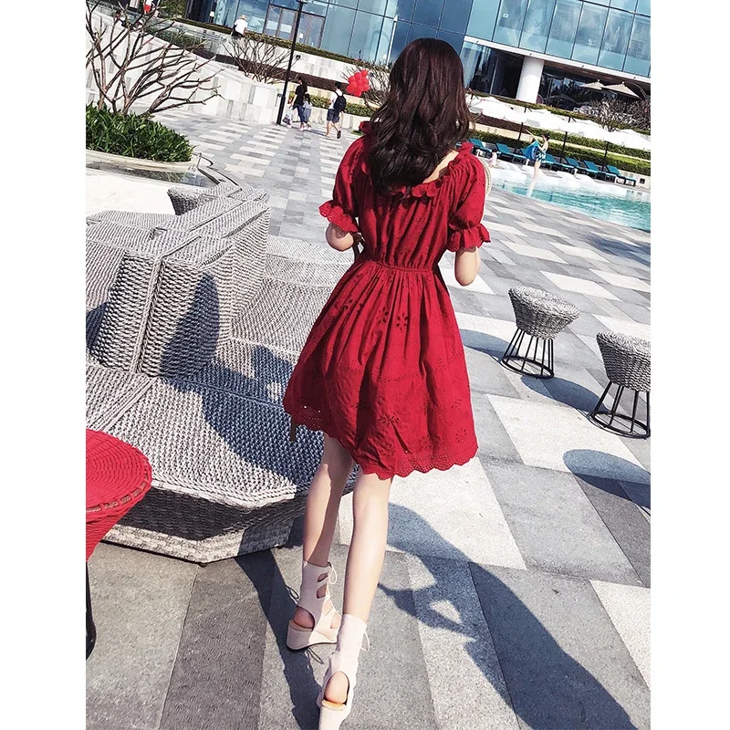 MISHOW Vintage Dresses Women Summer Fashion Puff Short Sleeve Mini Red Hollow Out Casual Beach Vacation Dress Female MX18B1240