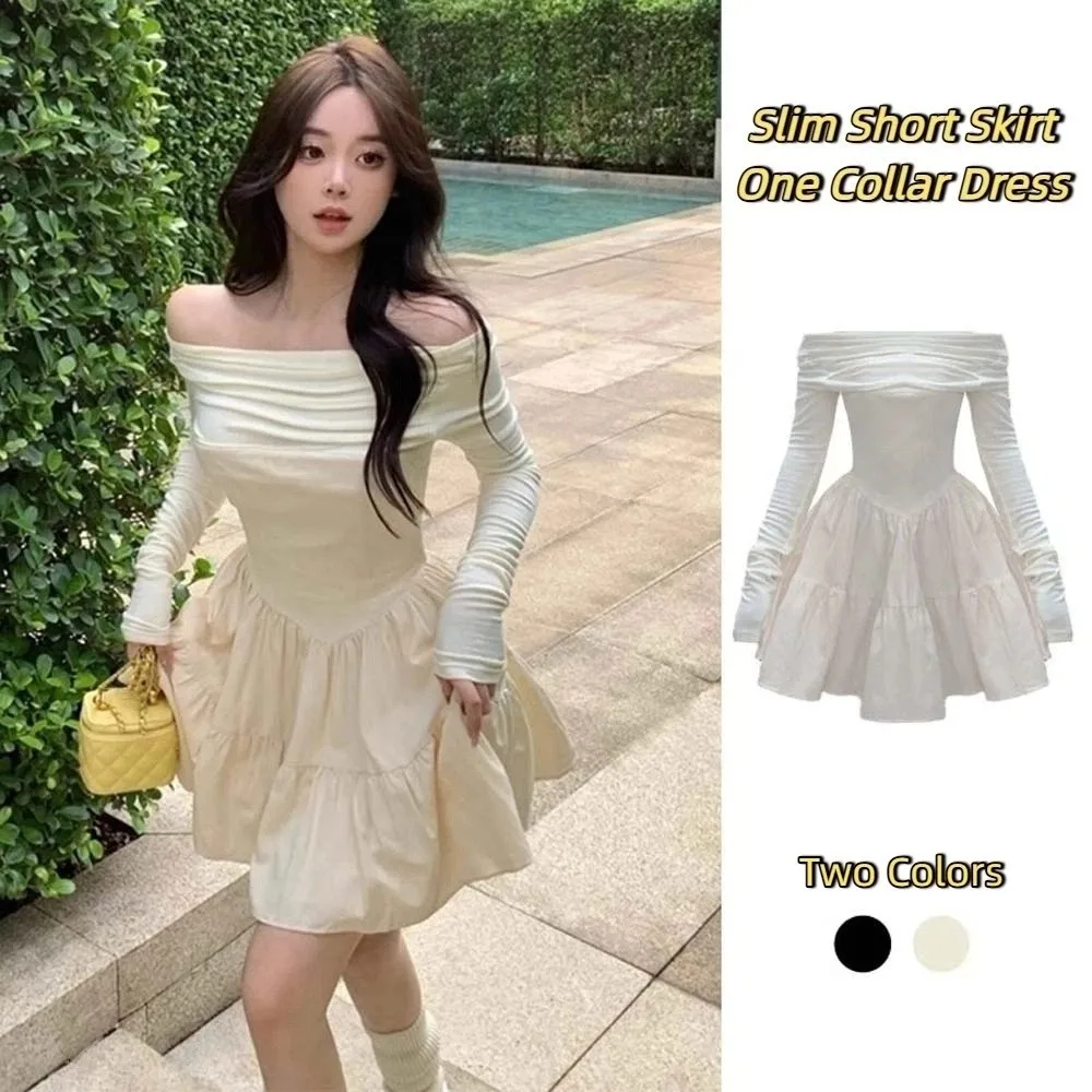 

Temperament Long Sleeved Slim Short Skirt Korean Fashion Lightweight One Collar Dress Slim Fit Y2K A-line Short Skirt Party