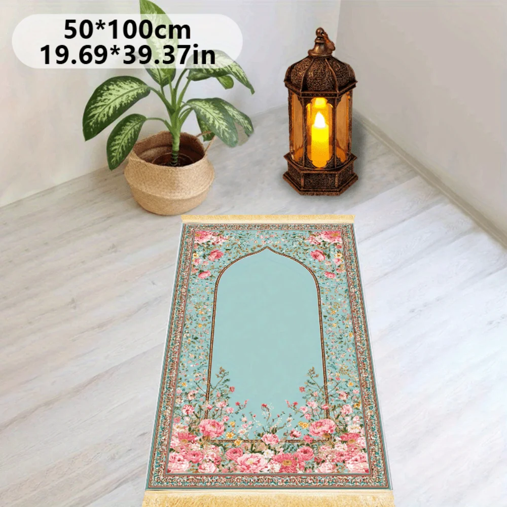 VIKAMA Islamic Prayer Mat Muslim Rug with Fresh Blue Floral Design, Foldable Travel Portable Washable for Salah Eid Mubarak Gift