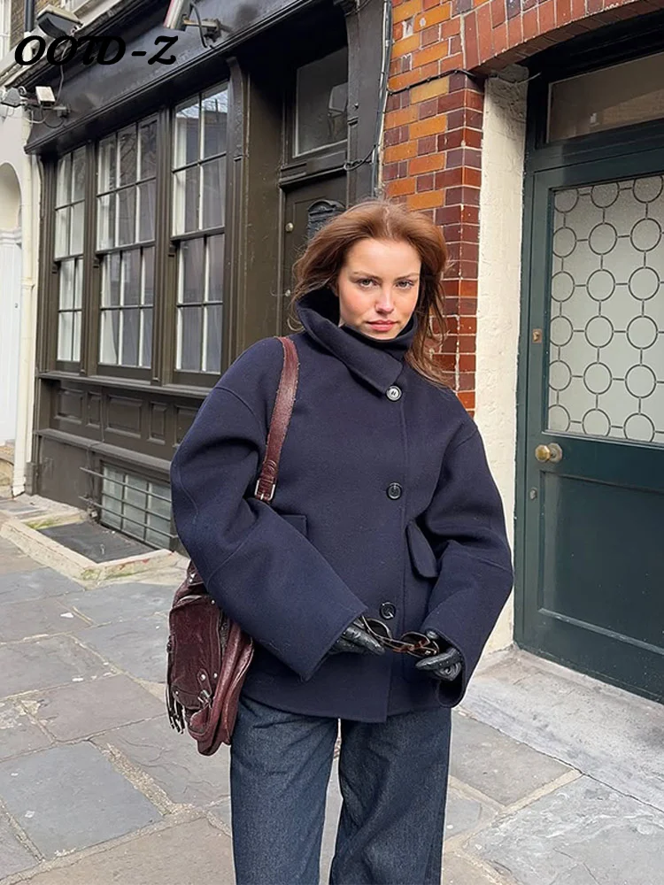 2025 Autumn Single Breasted Pocket Coats Fashion Women Oversize Stand Collar Wool Blend Jacket Casual New Lady Outerwear Street