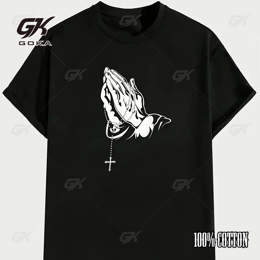 Praying Hands with Rosary Cross T-Shirt Christian Faith Casual Cotton Short Sleeve Clothes Devotion Unisex Crew Neck Tops