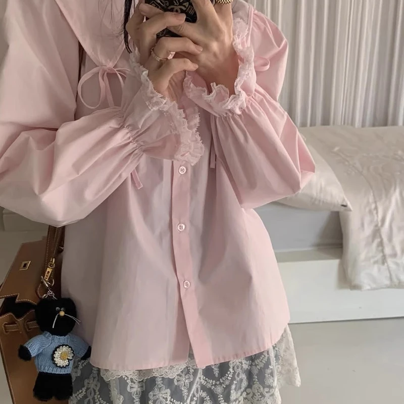 

Chic Spring Sweet Ele Collar Bow Tie Loose Splicing Lace Trim irt Women's Korean Sle Long Sve Regular Length