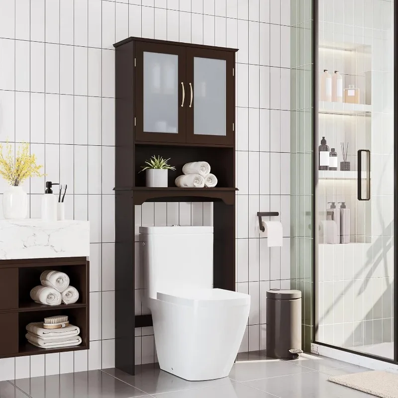 

Over The Toilet Storage Cabinet, Free Standing Toilet Rack With Adjustable Shelves And Tempered Glass Doors For Bathro