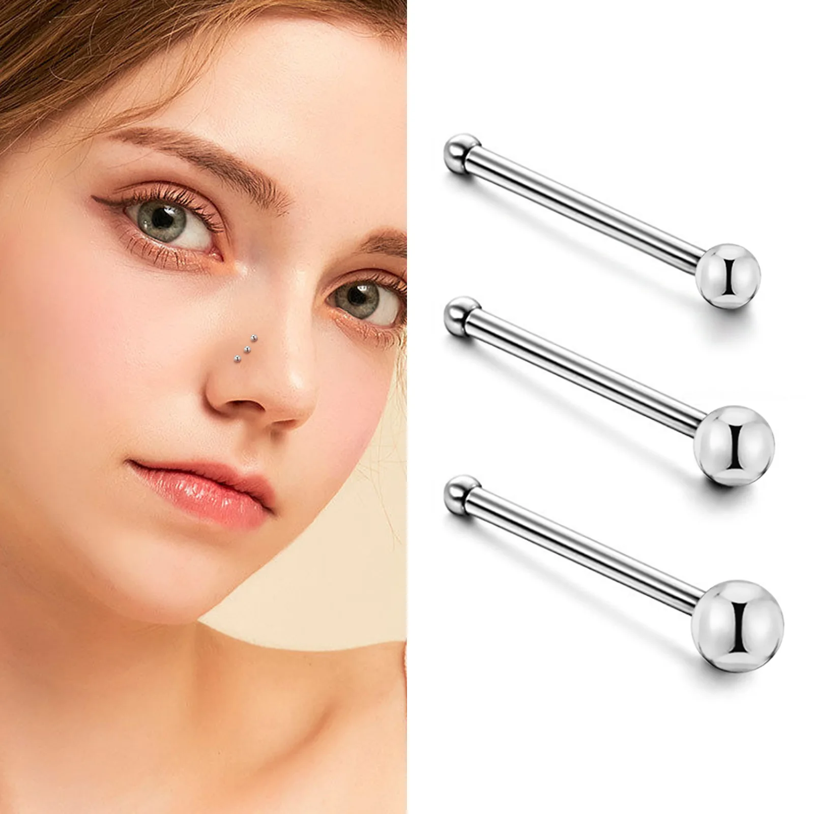 10pc/lot Nose Stud Ball Straight Rod Steel Small Ear Nail Invisible Bone Body Jewelry for Women 0.6mm Piercing