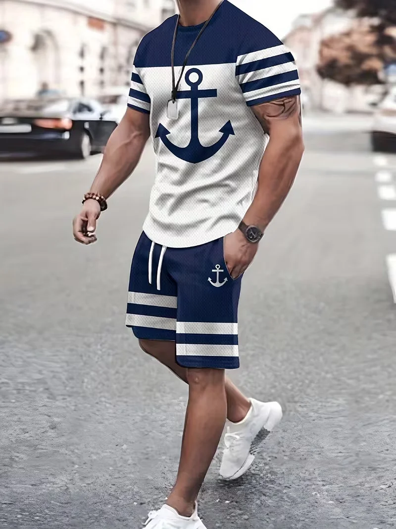 Men's Anchor And Stripe T Shirt Shorts Set 3D Color Block Print Men Women T-Shirt Outfits Outdoor Street Sport Tee Two-Piece Set