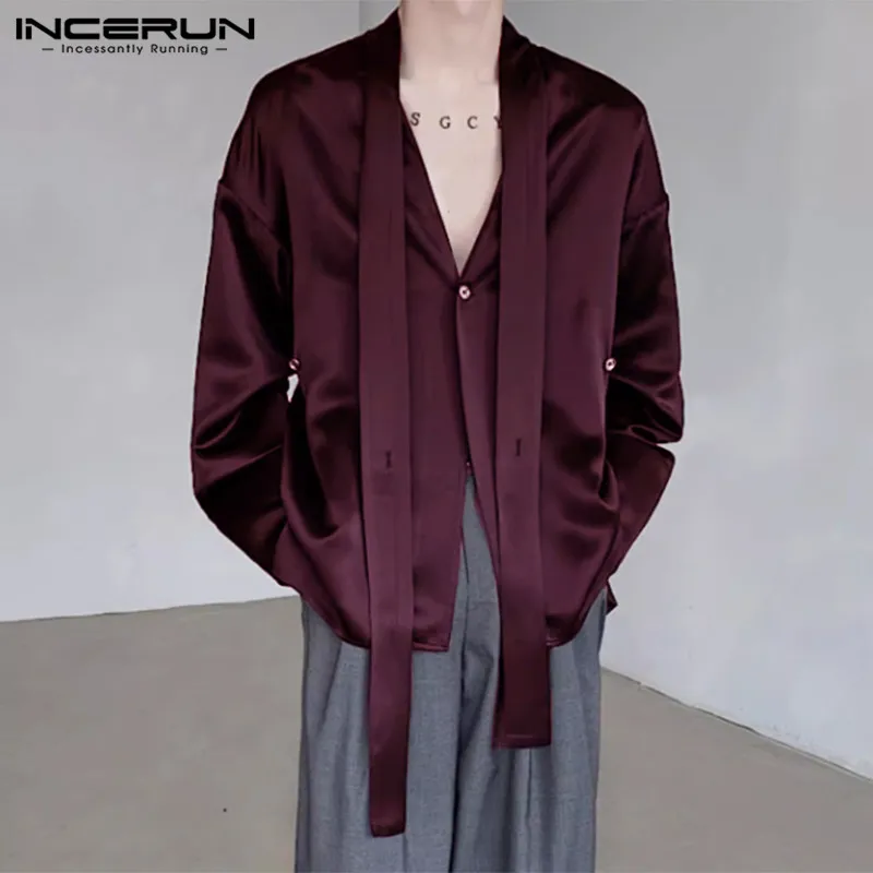 INCERUN Tops 2024 Korean Style Clothing New Men Satin V-neck Tie Design Shirts Fashiona Casual Pendant Long Sleeved Shirts S-5XL