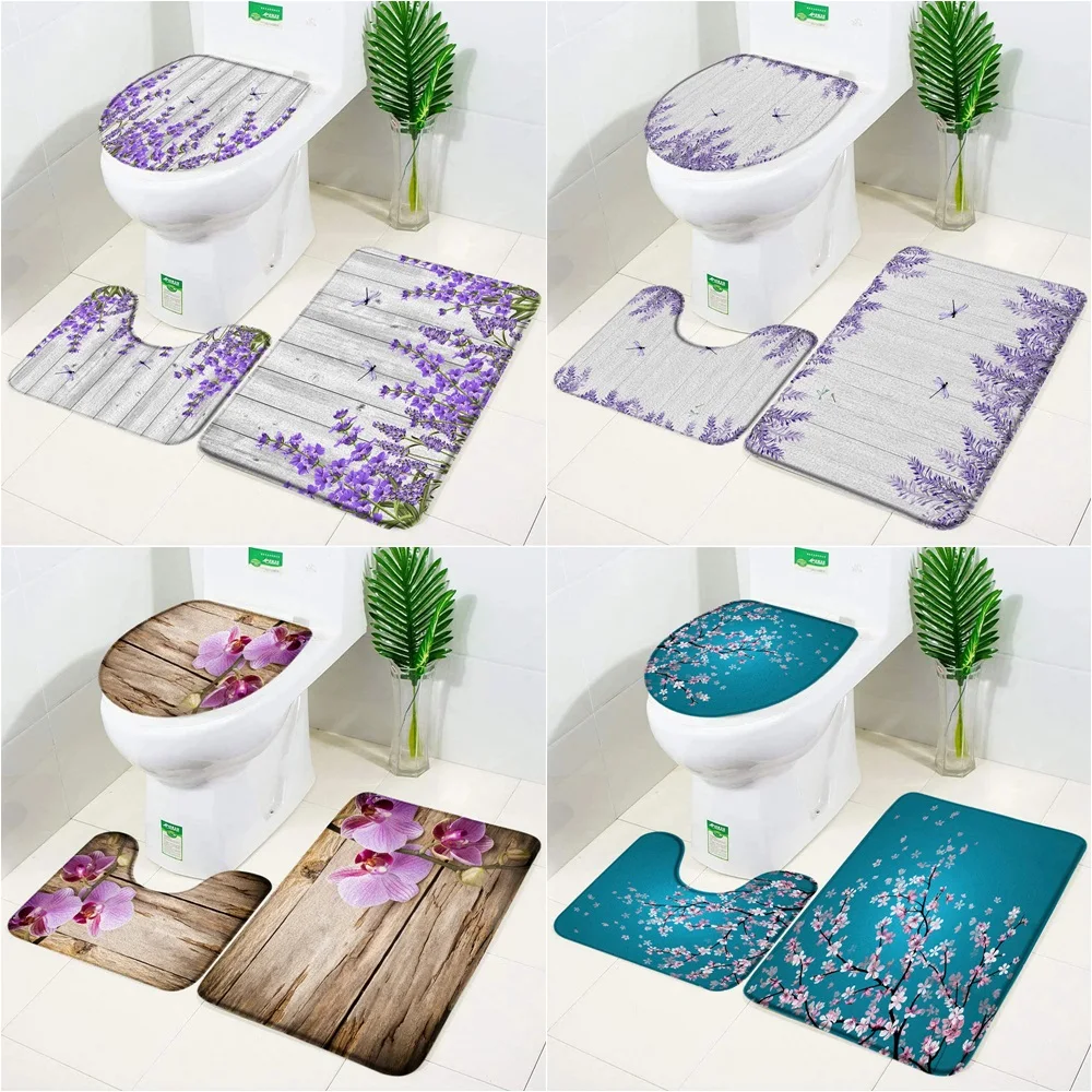 

Purple Lavender Bathroom 3-piece set Orchid Sunflower Bathroom floor mat Toilet seat mat Foot mat Bathroom decor