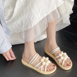 2024 New Flower Women's Shoes Summer Straw Slippers Ethnic Style Casual Fashion Roman Shoes Beach One-Flop Roman Shoes