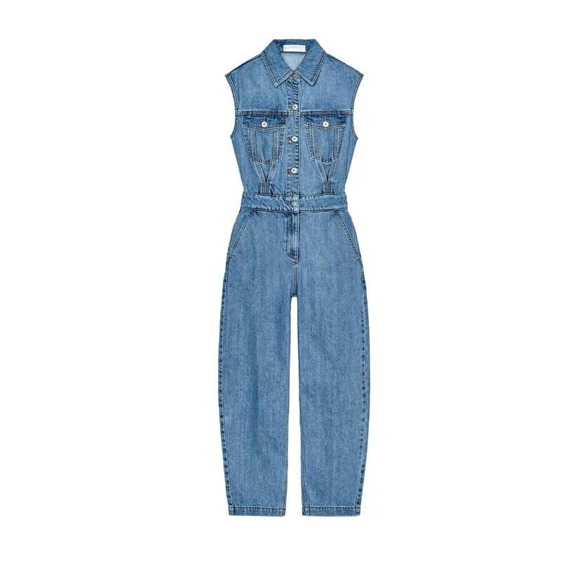 أفرول جينز نسائي للربيع والصيف بأزرار معدنية وجيوب مزينة بدون أكمام وياقة على شكل بالون وخصر مرتفع وسروال طويل