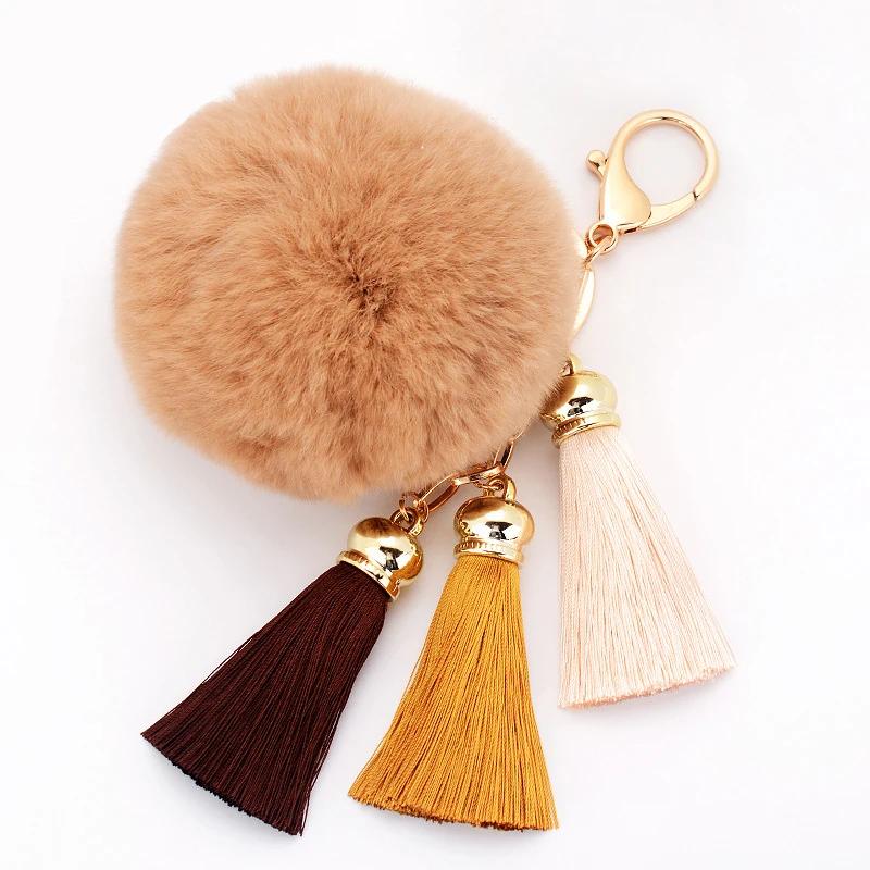 Colourful Silk Ribbon Tassel Gold Color Metal Keychain Fur Pom Pom Ball Charms Pendant Keyring For Women HandBag