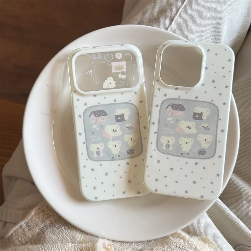

Kawaii Koala Bear Print Star Phone Case For iPhone 15 16 17 Pro Max INS Soft Healing Style Large Window Shockproof Cover
