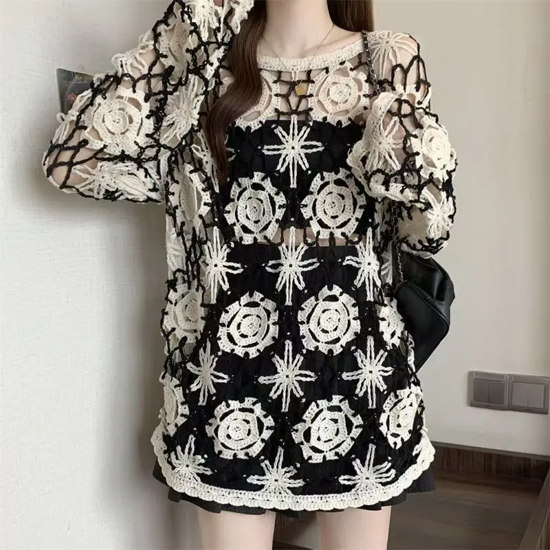 

Кружевной вязаный свитер с цветочным принтом, женский пуловер, топ с длинными рукавами, повседневная свободная весенне-летняя осенняя одежда, новинка 2026 г.