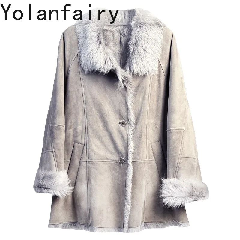 

YOLANFAIRY новая женская зимняя роскошная куртка из натуральной козьей кожи средней длины, женская элегантная шуба на шнуровке