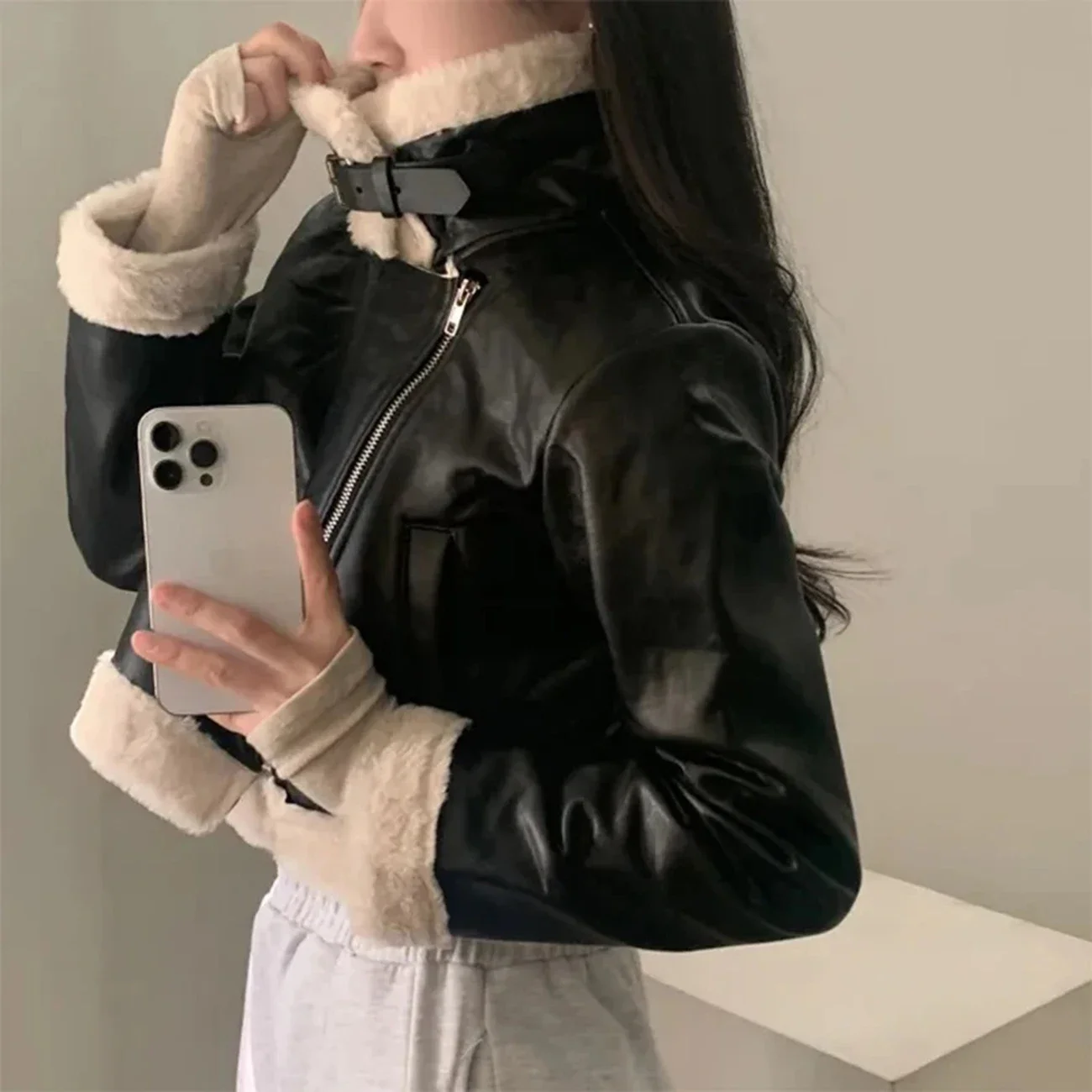 AI.Fashion Korean Faux Leather Jackets Women Lamb Wool Patchwork Coats Women Elegant Zipper Short PU Jackets Female Ladies