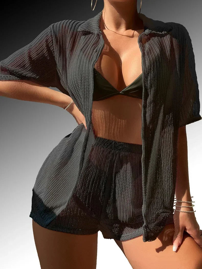 Kurzarm Häkeln Gestrickte Tunika Strand Cover Up Bikini Frauen Bademode Weiblichen Badeanzug Vier-stück Bikini Set Badeanzug Schwimmen