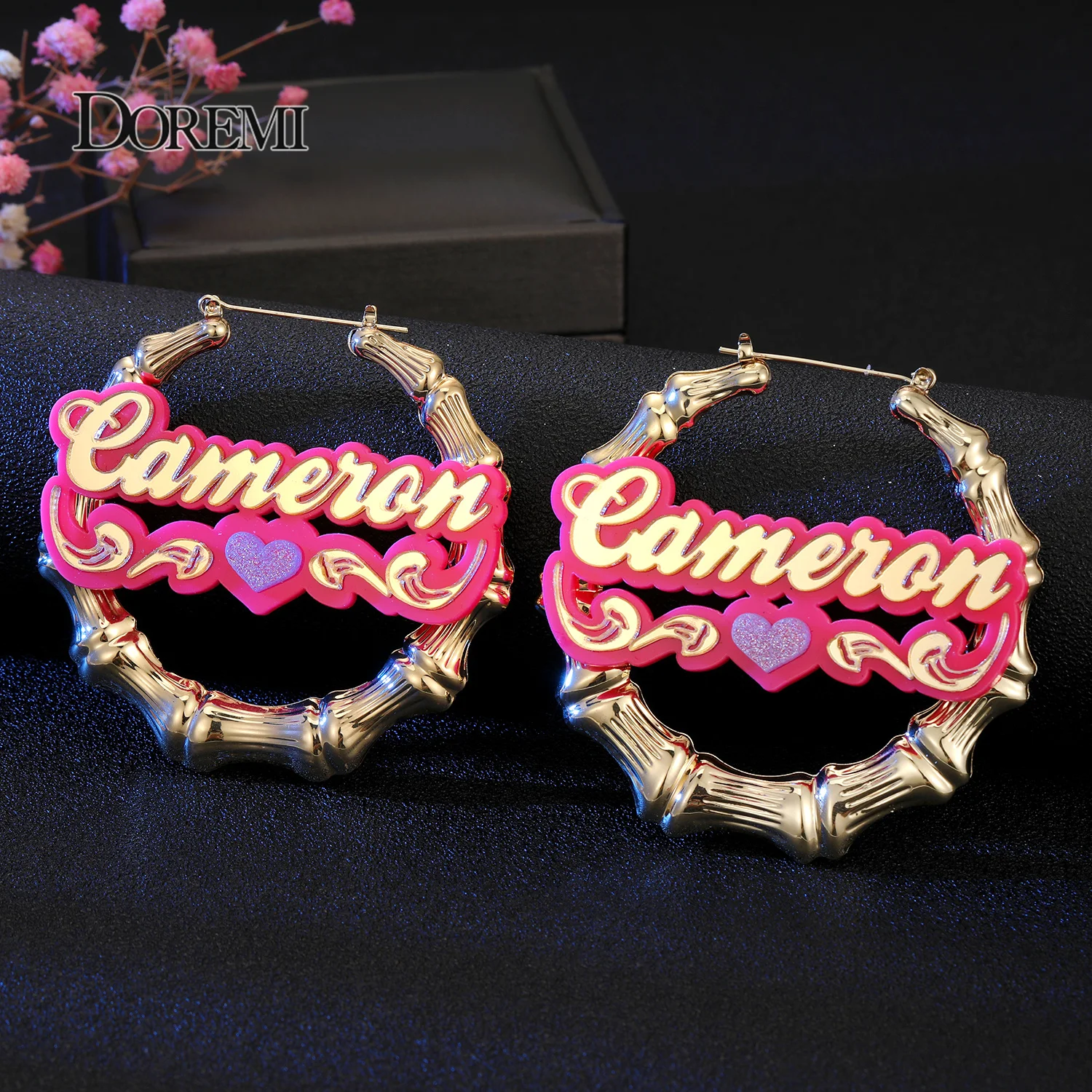 DOREMI ONE Set Customized Words Name Stainless Bamboo Hoop Earrings Acrylic Necklace Jewelry Set Personalized Letters With Heart
