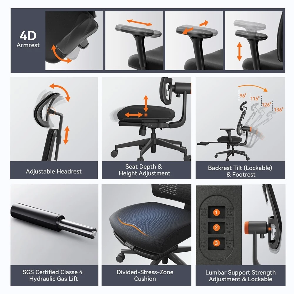 NEWTRAL MagicH-BP ergonomiczne krzesło z podnóżkiem, oparcie z automatycznym oparciem, adaptacyjne dolne podparcie pleców, dopasowane ergonomiczne