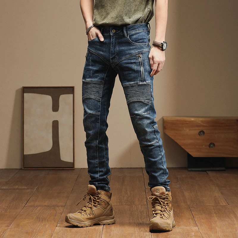 The new American high-end trend Slim personality zipper splicing biker small leg pants retro jeans for men pantalones hombre