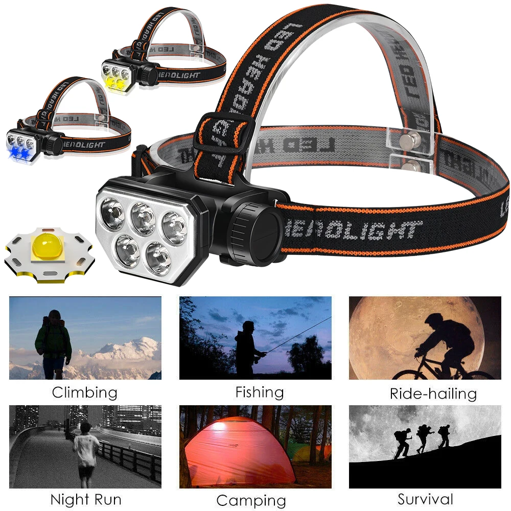 

Super Bright 5 LED Headlamp with Yellow and Blue Light Built in 18650 Battery USB Rechargeable Head Torch for Outdoor Fishing