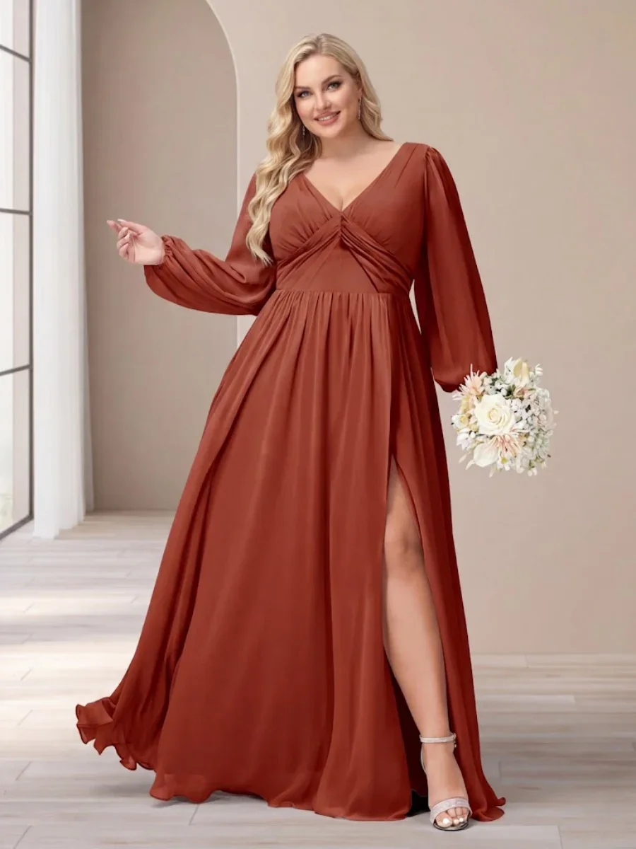 

Multi-Color Plus Size Chiffon Bridesmaid Dress, V-Neck Long Sleeve Slit Long Wedding Guest Gown