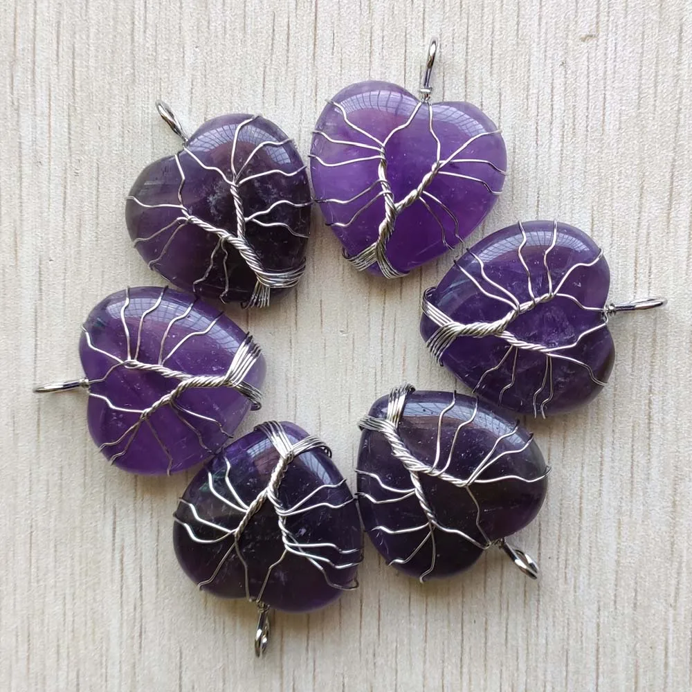 

Natural Amethyst stone Handmade Wire Wrapped Tree of Life heart Pendants 30mm for jewelry making necklaces Wholesale 6pcs/lot