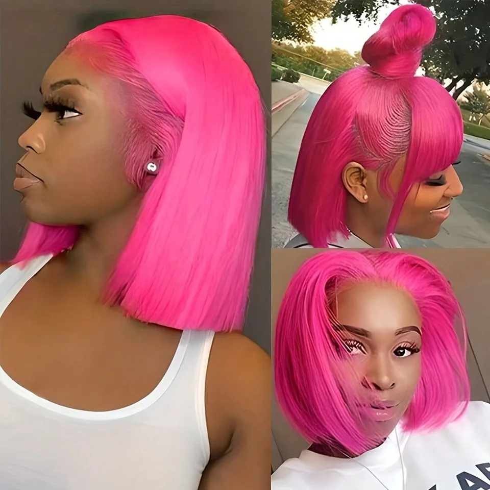 

Rose Pink Wigs Short Bob Straight Lace Frontal Wig Pre Plucked Natural Color 13x4 HD Pre Plucked Synthetic For Women perruque