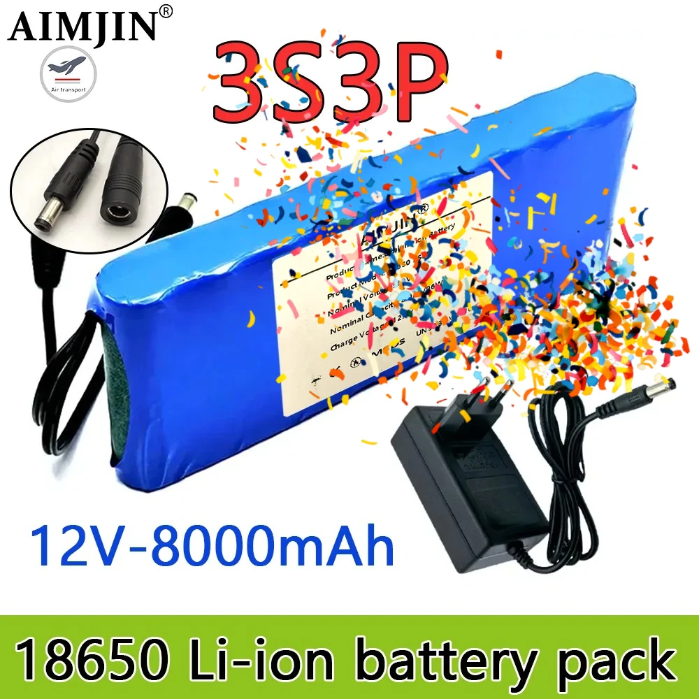 

3S3P 18650 Lithium Battery 12V 12.8Ah 8000mAh for Camera Video Emergency Light Radio Portable, UPS, Ion, with 12.6V, 2A Charger