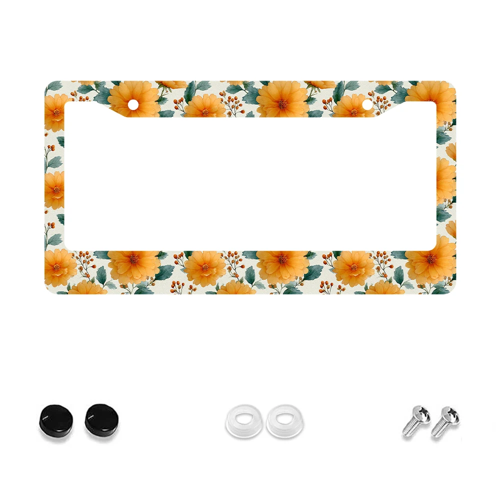 

1pc Vintage Orange Floral Pattern 2-Hole License Plate Frame, Aluminum Material, 6x12 Inches, with Screw Kit, Retro Car Decorat