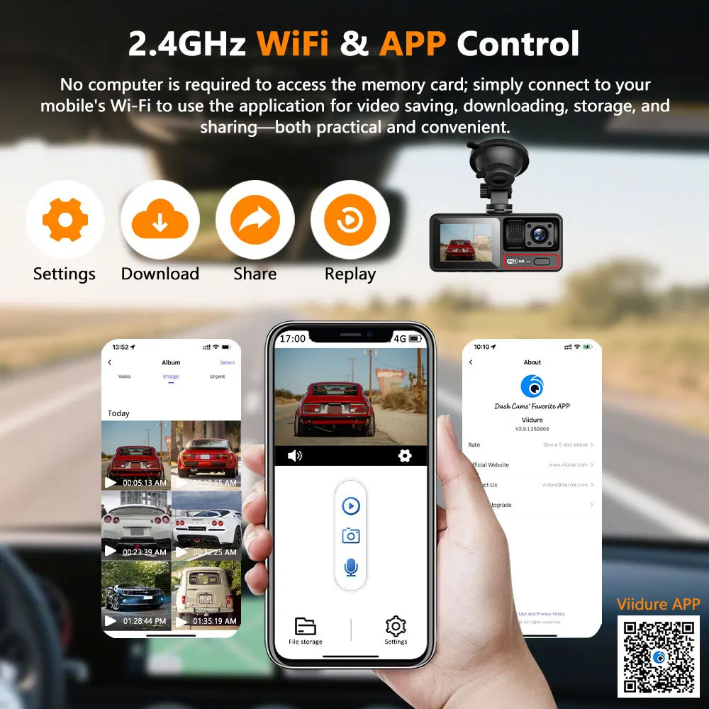 3 Channel Dash Cam, 1080P 3 Lens Car Recorder, WiFi Phone Connect, 2 Inch Screen, Loop Recording, G-Sensor, Night Vision