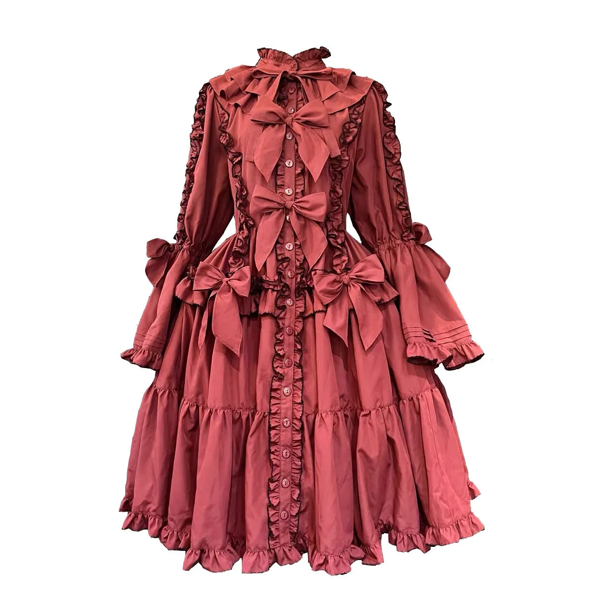 Tailored to the Gothic Lolita burgundy high-neck, long-sleeved cotton-pleated stacked dress