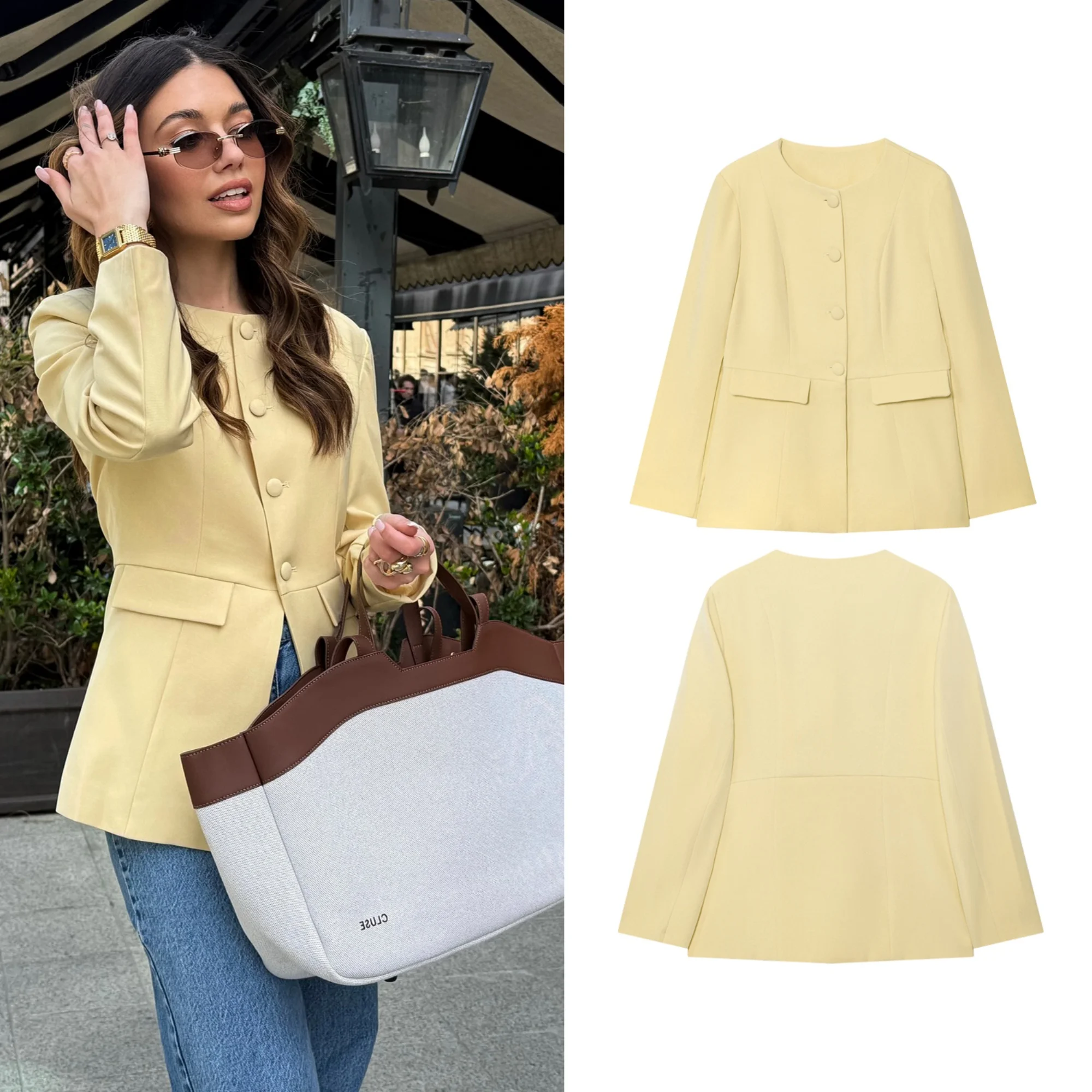 

Women's Autumn New Yellow Suit Jacket Round Neck Single Breasted Flip Design Commuting Temperament Slim Fit Top