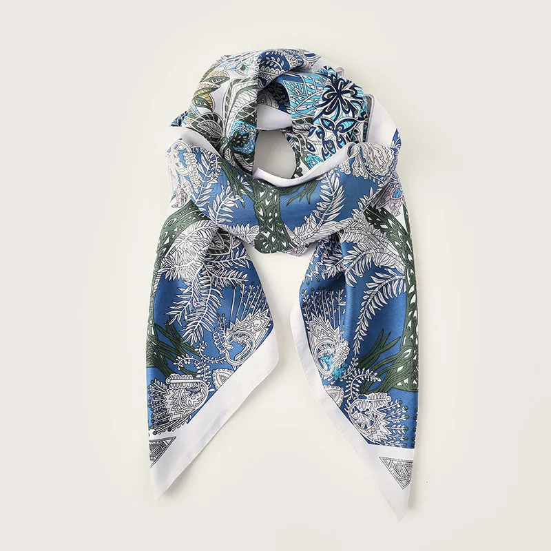 2025 New 90x90cm Floral Print Square Scarf, French Retro Fake Silk Neckerchief for Women