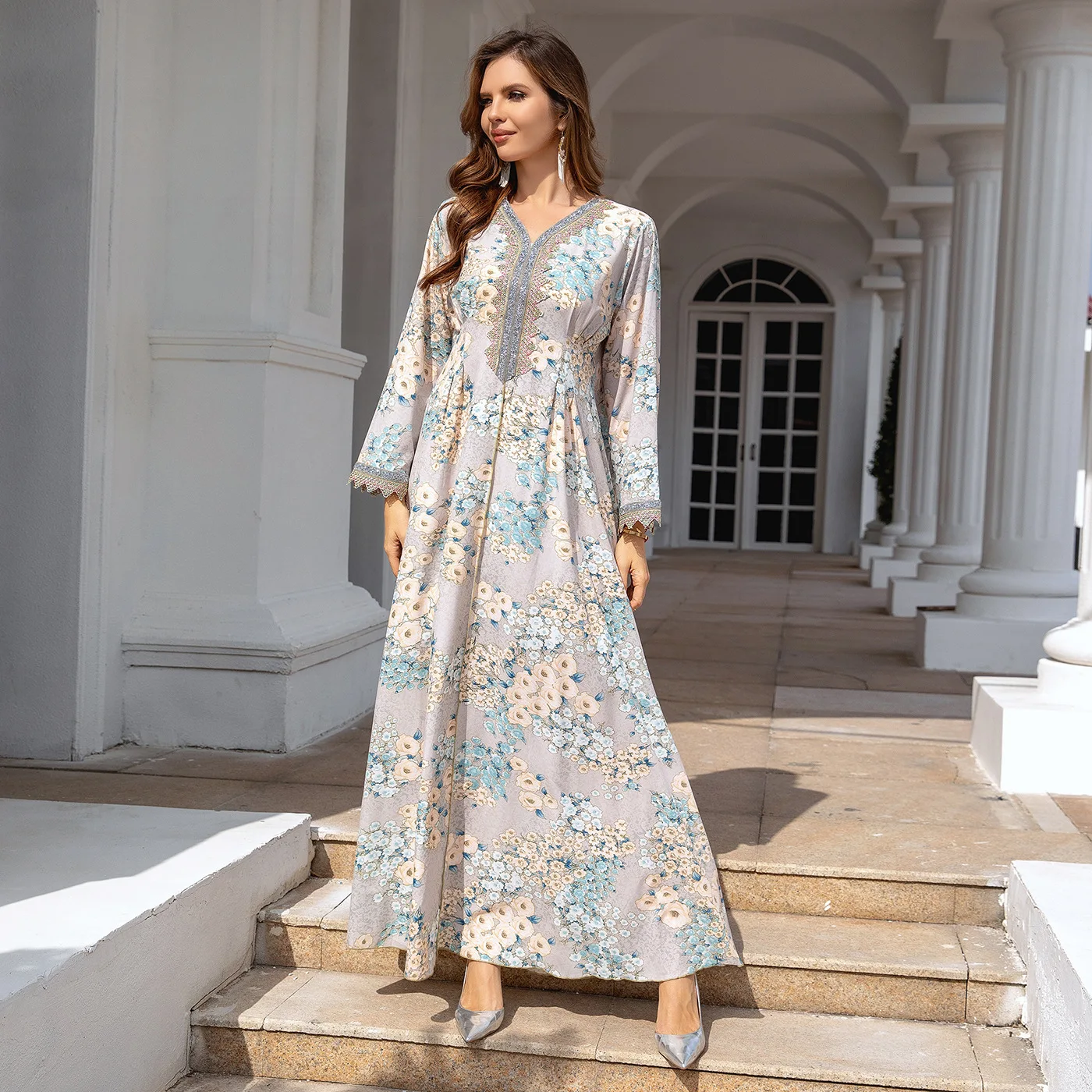 Eid Muslim Floral Print Abayas for Women Muslim Long Sleeve V-Neck Party Dress Dubai Kaftan Femme Musulmane Jalabiya Vestidos