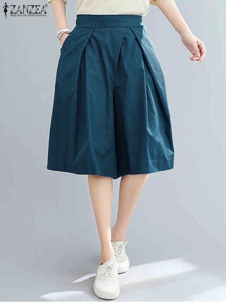 

2025 ZANZEA Women Fashion Summer Shorts Elastic Waist Shorts Elegant High Waist Pleated Pockets Casual Solid Wide Leg Pants