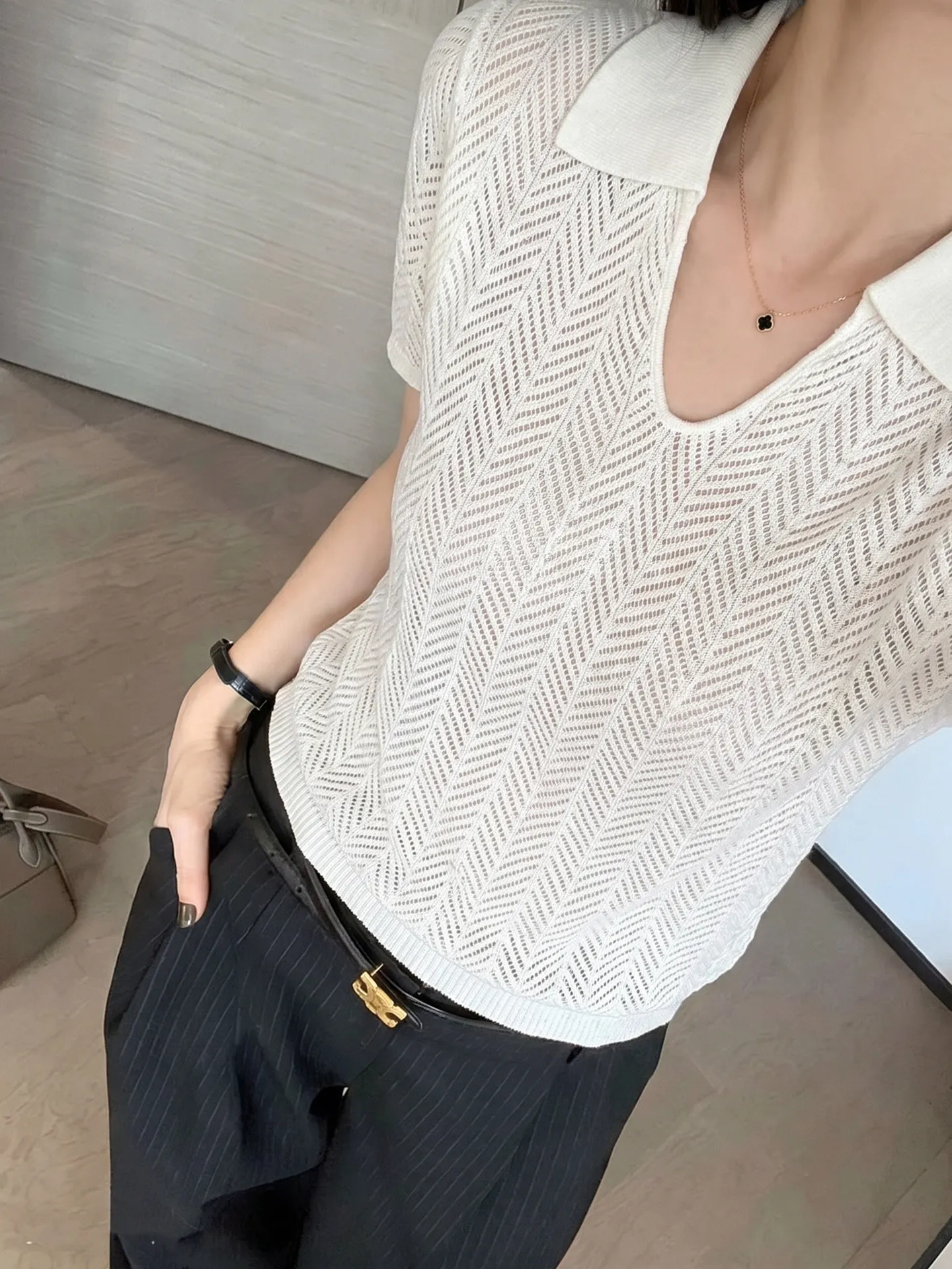 Ice Silk Knitted  Shirt Hollow out Collared Top for Women Casual Style Summer New Arrival Money-Like Style Short Sleeve T...