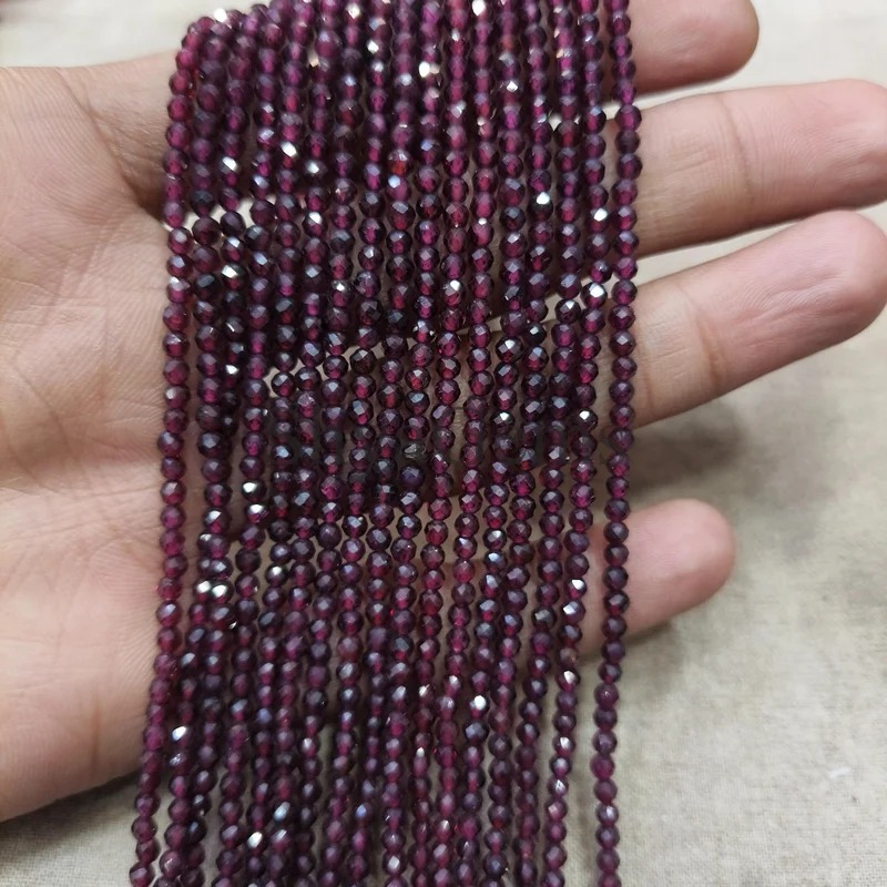 Natural Garnet Faceted Beaded Necklace, 3mm Red Gemstone Jewelry, January Birth