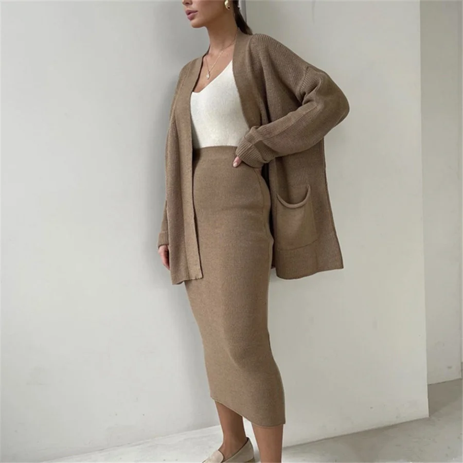 Women Knitted Two Piece Skirt Set Cardigan Coat+Elastic Waist Bodycon Skirt Solid Color Office Suits Female Autumn Streetwear