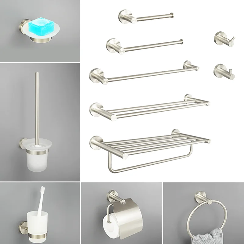 

Brushed Stainless Steel Wall-Mounted Towel Rack Paper Holder Bathrobe Hook Cup Holder Toilet Brush Holder Bathroom Accessories