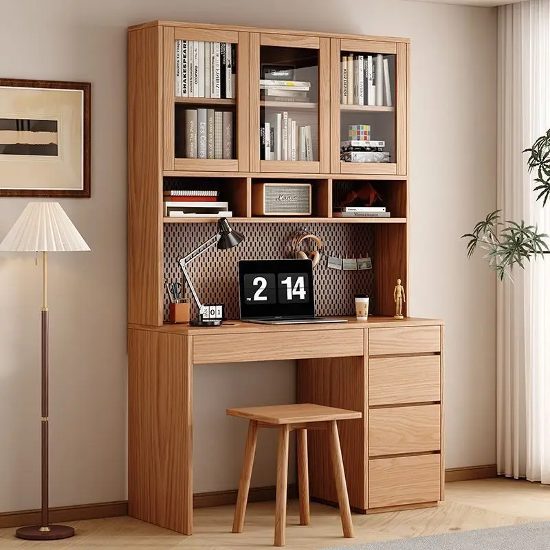 Oak all solid wood desk bookshelf integrated table with drawers bookcase learning simple small apartment desk bookcase