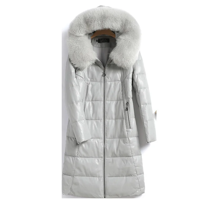 

2023 New Winter Duck Down Coat Women 100% Real Sheepskin Leather Jackets Hooded Warm Fox Fur Collar Coats Mid-length P