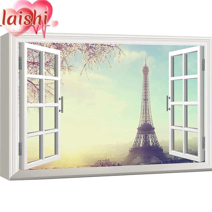 

5D DIY False window, Eiffel Tower Diamond Painting Full Square round Diamond Painting Embroidery Sale Rhinestones Pictures