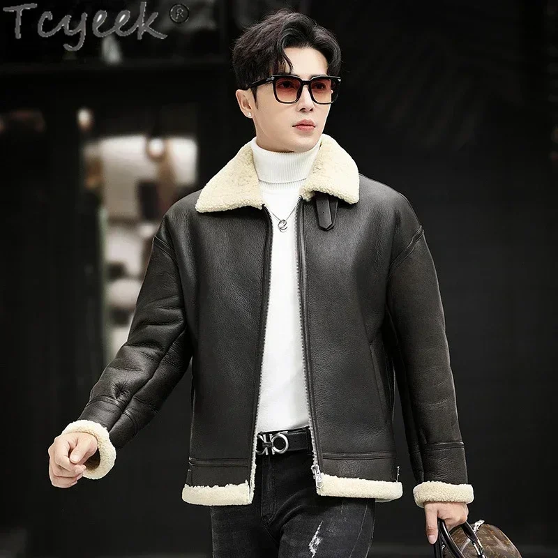 Tcyeek Winter Natural Sheepskin Fur Coat Men's Genuine Leather Jackets Short B3 Motocyle Jacket Thickened Warm Real Fur Coats