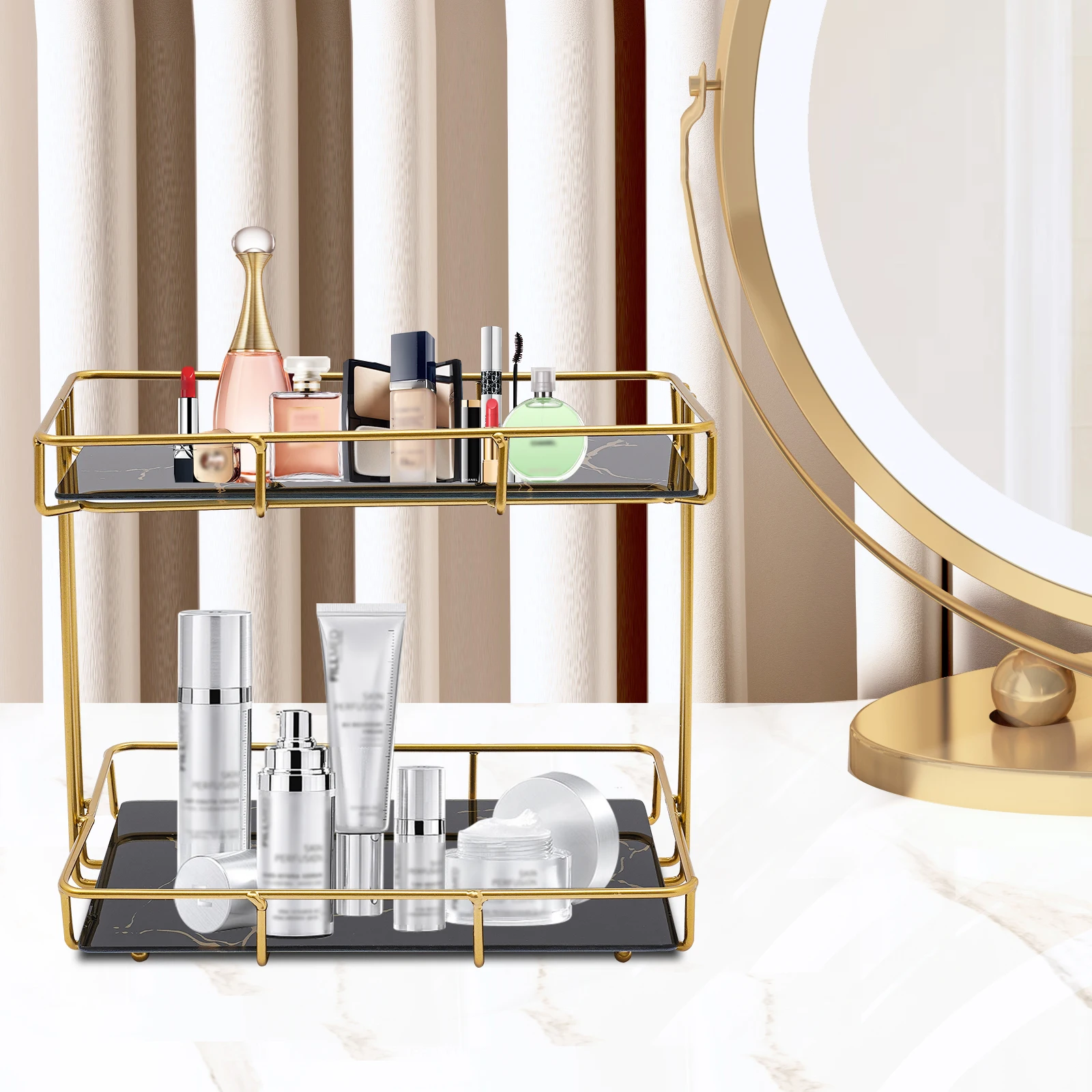 2 Tiers Modern Bathroom Countertop Organizer, Height 24.5cm Daily Necessities Makeup Perfume Organizer Anti-rust 11.02lbs