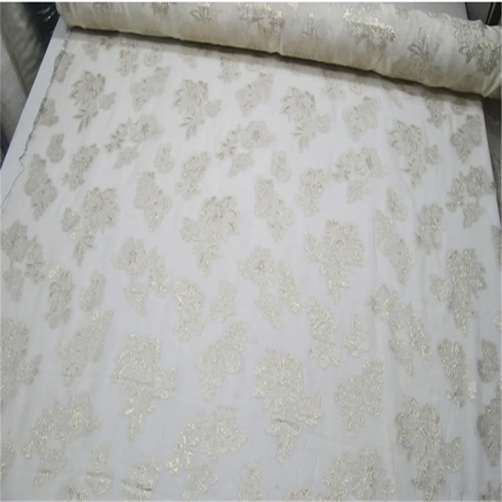 Beautiful Popular Woven Silk Metallic Fabric Safe Golden Flowers 145cm Natural White for Lining Shawl Skirt