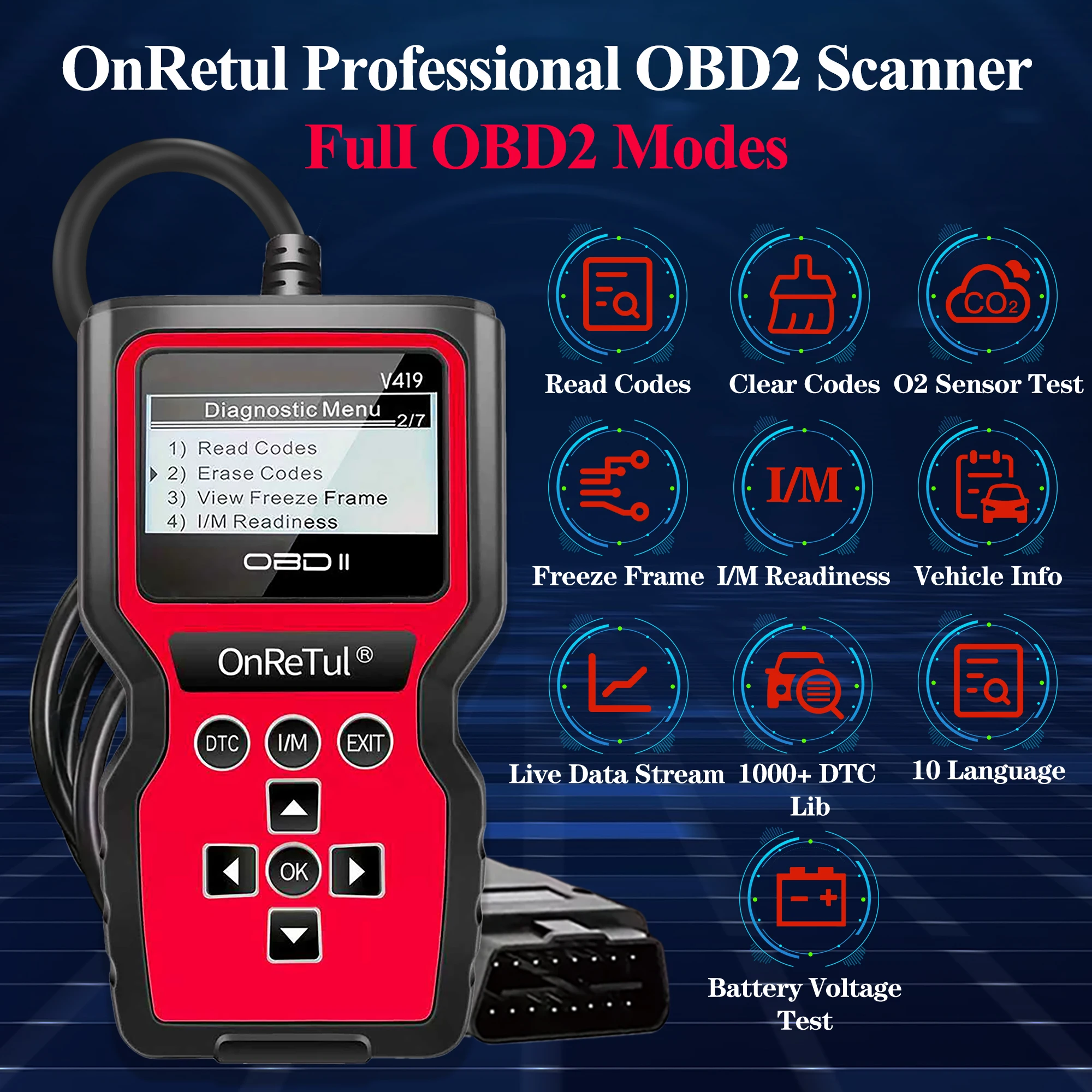Professional Obd2 Diagnostic Scanner, Engine Fault Code Reader, Car Code Scanner with Reset Function, Mode 6 Mode 8 & I/M Reading