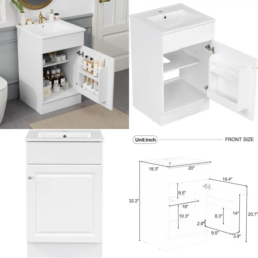 

20" white freestanding vanity with single hole ceramic sink and storage