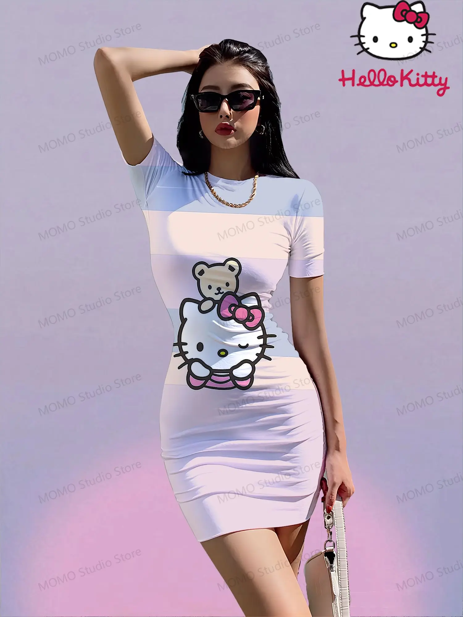 Hello Kitty Kawaii Women's Short Sleeve Hip Dress Fashion Summer Dresses 2024 S-3XL Y2k O Neck Sanrio New Elegant Sexy Ladies