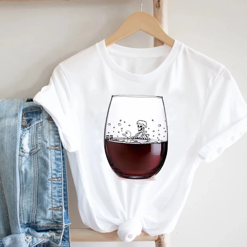 Women Printing Clothing Wine Lady Short Sleeve Casual 90s Cartoon Fashion Pretty Print Tee Top Tshirt Nice Graphic T-shirt