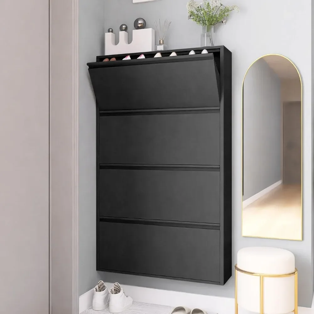 Schuhschrank mit 4 Klappschubladen, an der Wand montierter Schuh-Organizer aus Metall für den Eingangsbereich, schmaler Schuhschrank aus Stahl mit Klappschublade |
